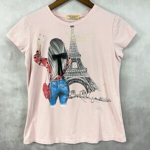 Vinizbena Paris Eiffel Tower Graphic T-Shirt Womens Medium Pink Rhinestone Glam